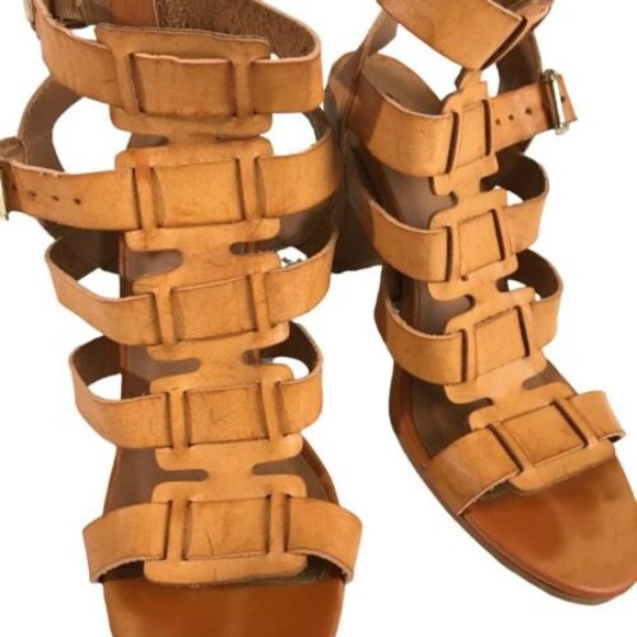 Qupid Faux Leather Multi Strap Block Heel Sandals Camel Size 8 - Picture 5 of 7